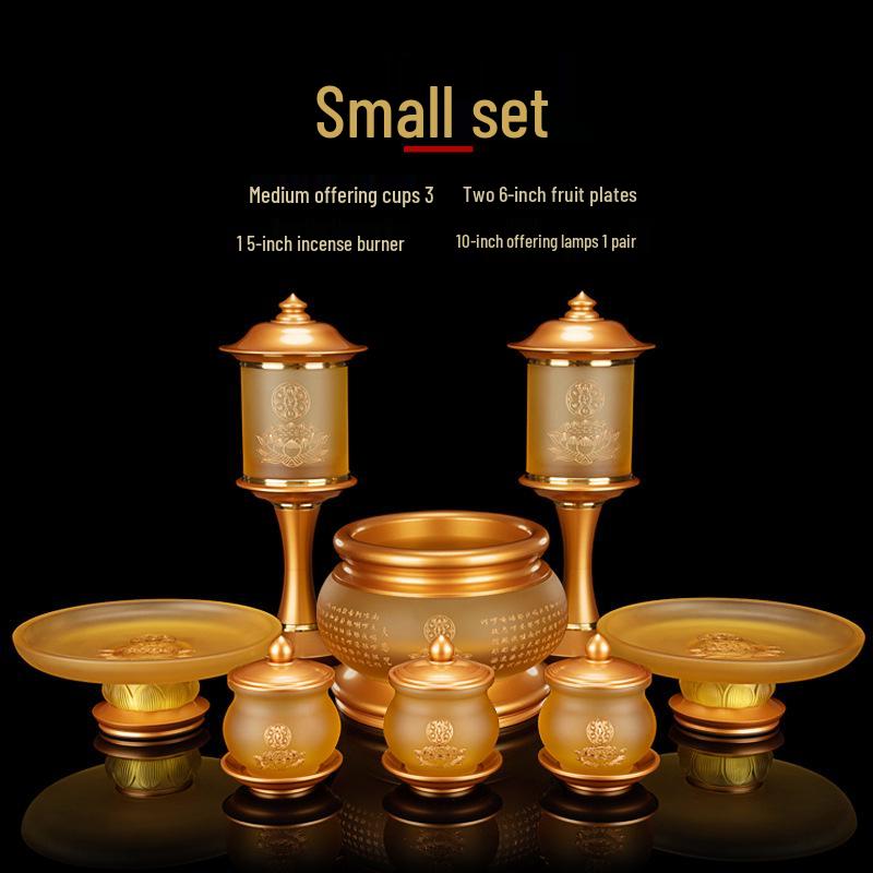 Набор для подношений из чистого медного лиули: Будда, Лампа Гуаньинь, Тарелка, Чашка для воды, Благовонница.