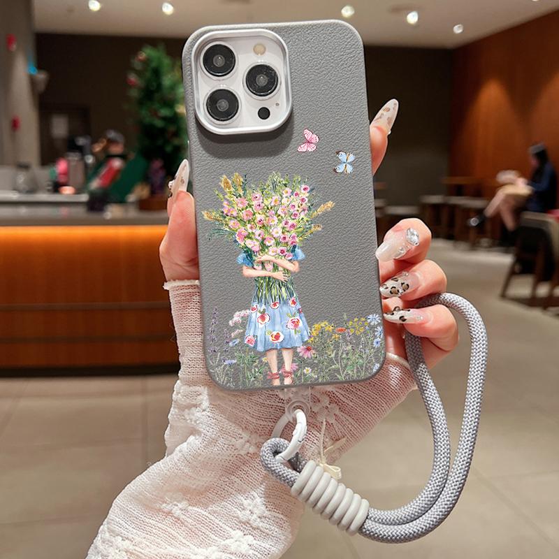 Модный матовый противоударный чехол из ТПУ с цветочным принтом для iPhone 16 Pro Max 15 Pro 14 13 12 11, мягкий ремешок для защиты линз, тонкий кожаный чехол для телефона с текстурой