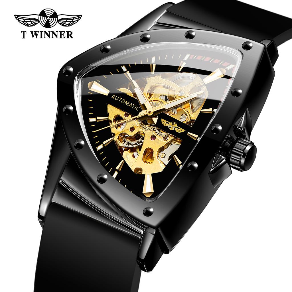 WINNER Sports Triangle Skeleton Automatic Men Watch Luminous Pointers Fashion Rubber Strap Luxury Military Mechanical Watches