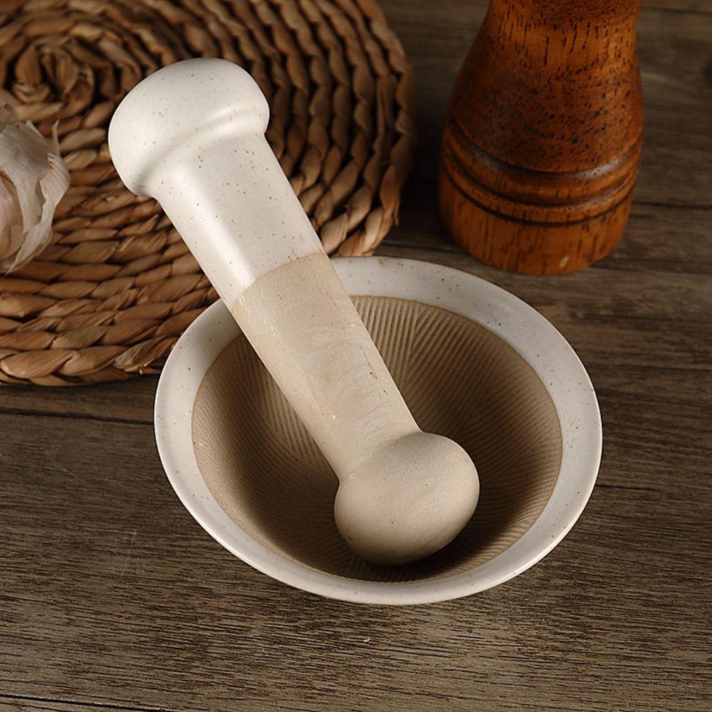 Ceramic Rice Paste Bowl Manual Garlic Mortar Pestle Easy To Clean Grinding Bowl Rod Set Spice
