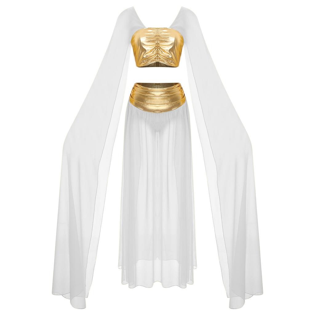 Womens Egyptian Cleopatra Costume Crop Top Split Chiffon Skirt Set Halloween Party Wear