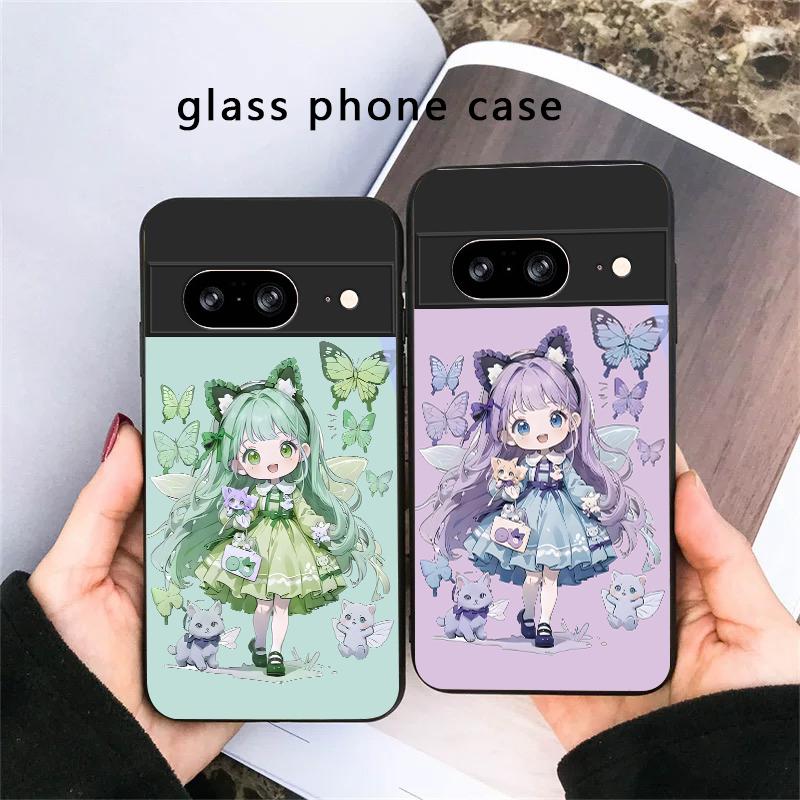 Q-версия Синяя Бабочка Для Google Pixel 8 7 9 10 Pixel 10 Pro XL Pixel 9 Pro XL Pixel 8a 7a Pixel 7 Pro Черный Стеклянный Чехол для Телефона