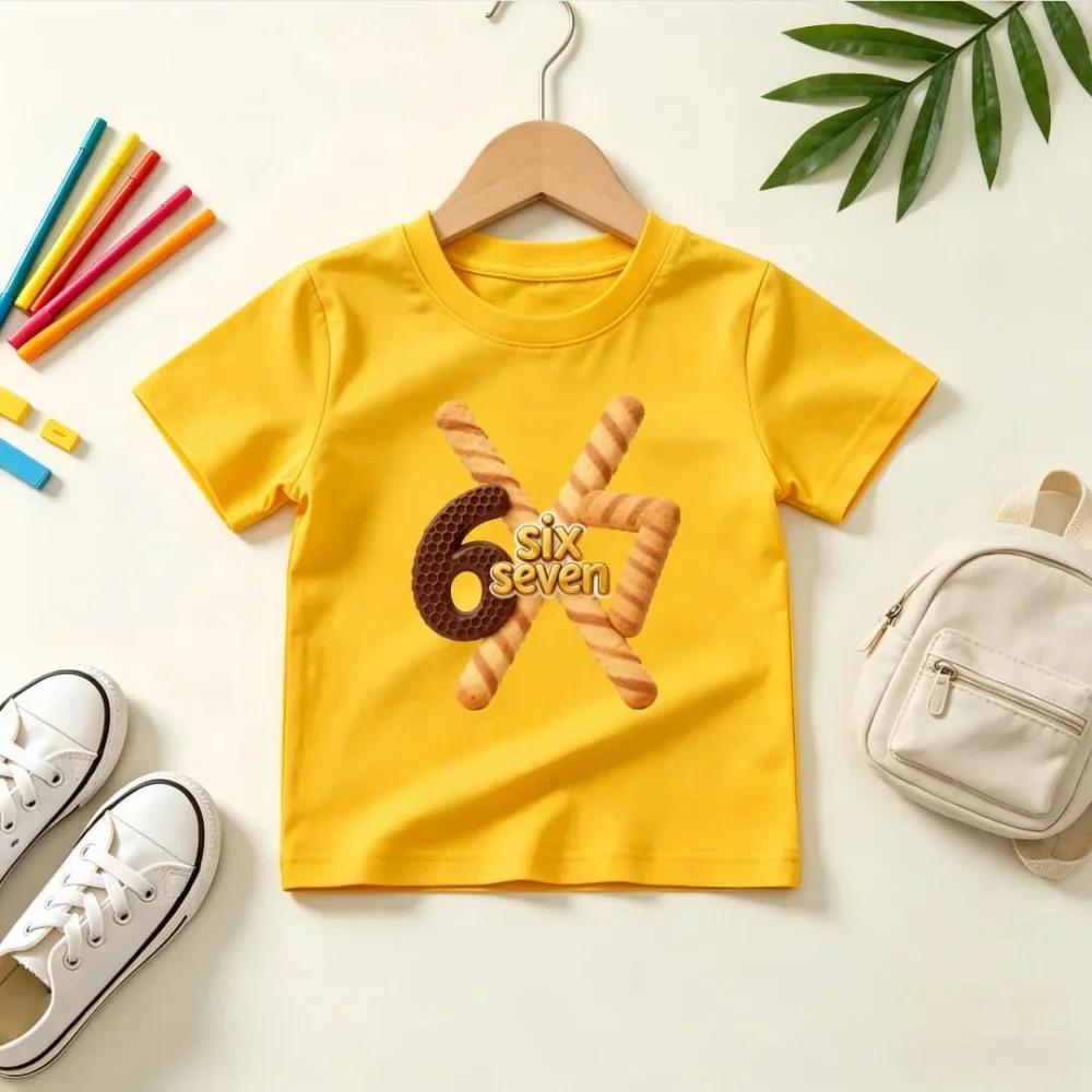 Kids Black Short Sleeve T Shirt Cookie Wafer Shaped Number 67 Six Seven Letter Print Crew Neck Boys Girls Casual Summer Tee
