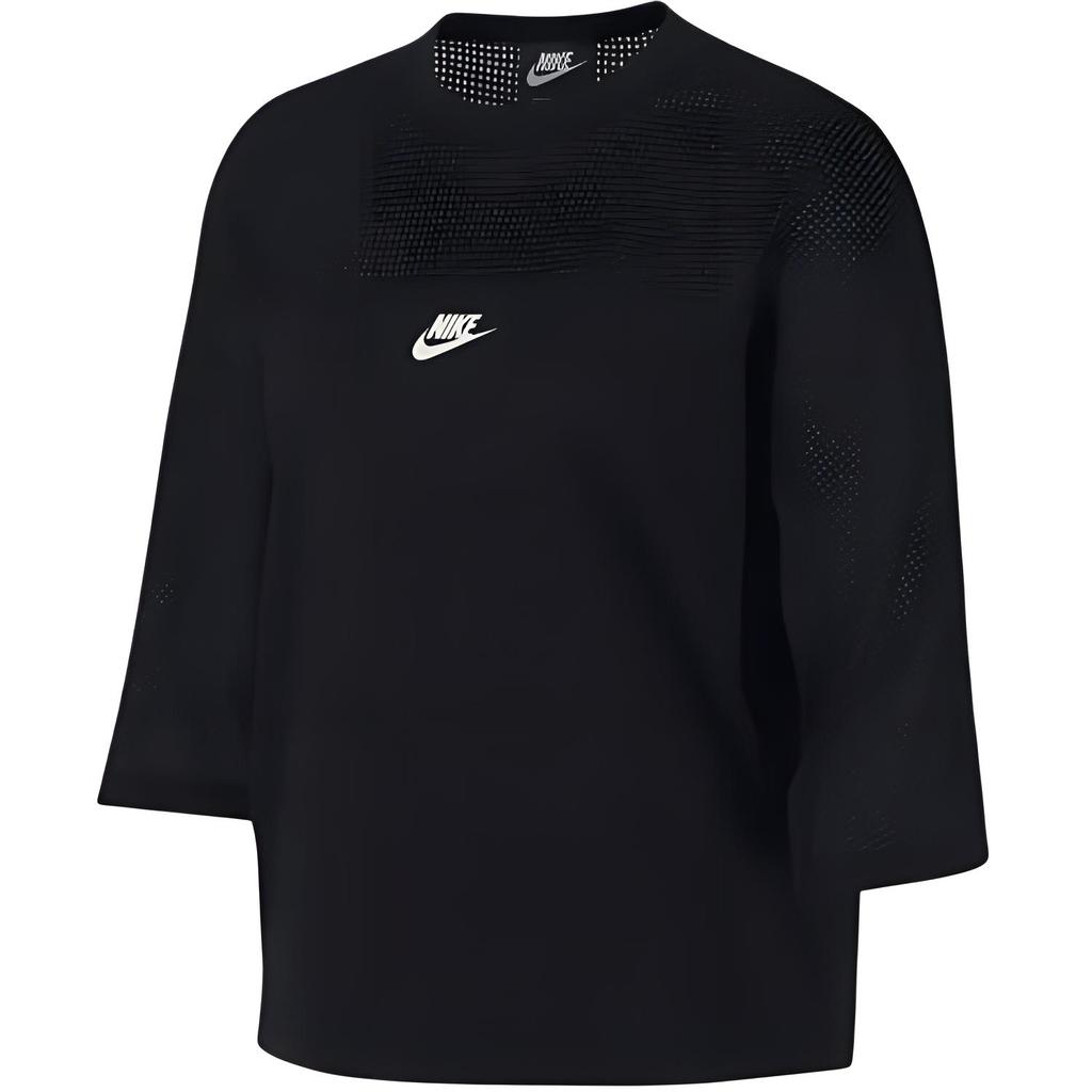 Nike Solid Color Logo Print Mesh Panel Crew Neck Long Sleeve Sweatshirt Women Tops Black AR2324-010
