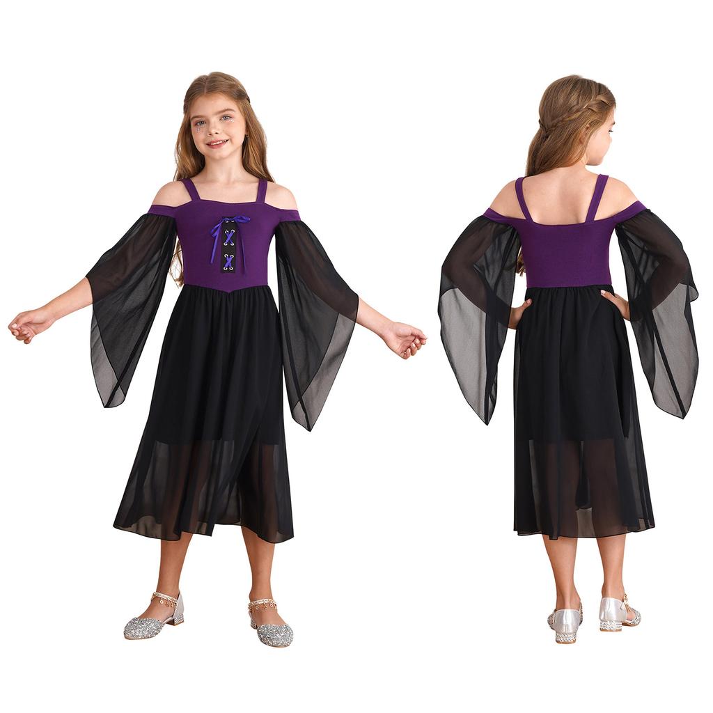 Kids Girls Medieval Princess Costume Renaissance Robe Gown Square Neck Halloween Cosplay Fancy Dress