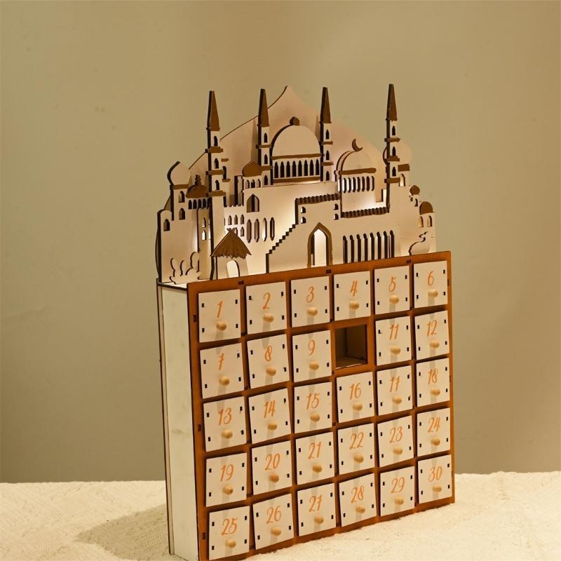 652F Islamics Home Decors Eid Ramadans Countdown Calendar with LED Lighting and 30 Small Drawers Muslims Party Supplies