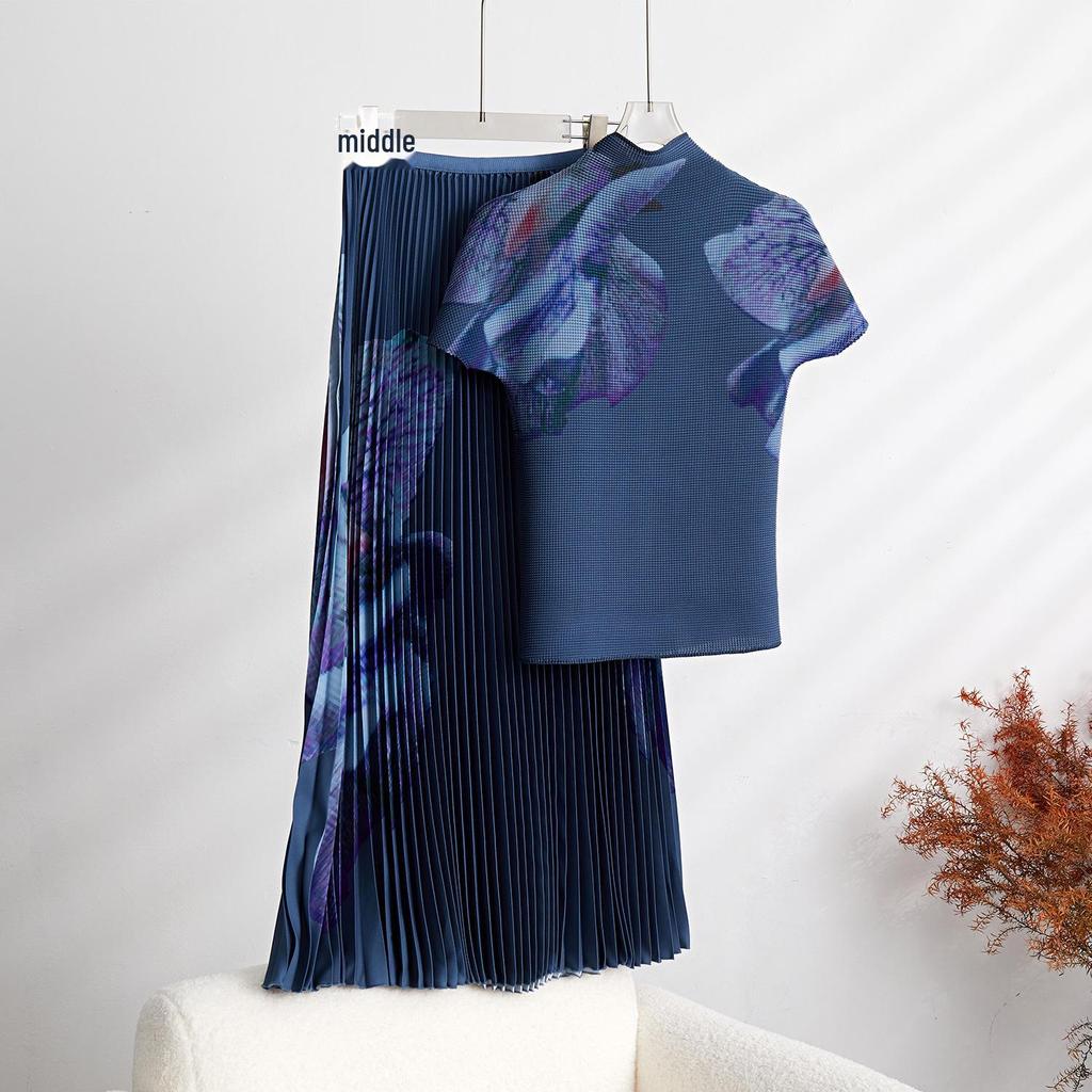 Женский костюм Western High-End с цветочным принтом и плиссированной юбкой - серия Miyake Me