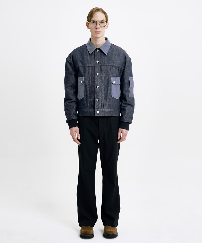 WUNDER GEIST Non-Faded Denim Pleated Faux Leather Suede Contrast Jacket