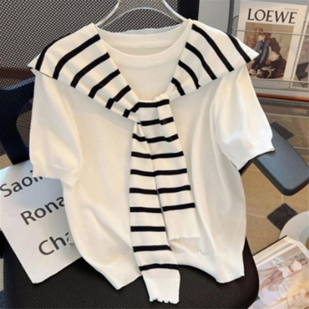 New Arrivals Open Run Women Viscose Stripe Short Sleeve Knit And Solid Shawl Set