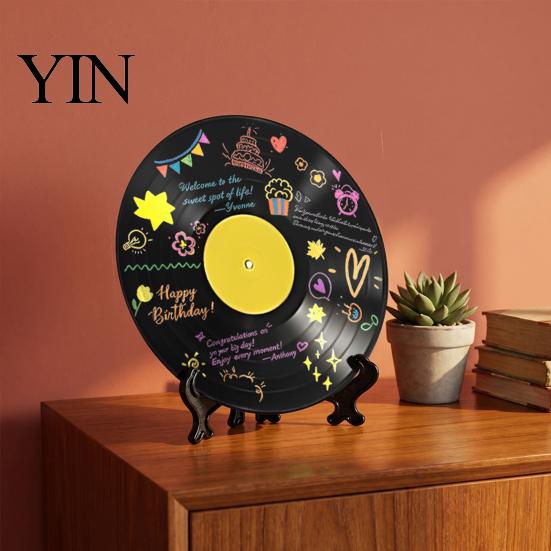 Erasable Vinyl Record Board DIY Graffiti Clock Ornament, Reusable Blank Acrylic Retro Tabletop Hanging Display Wall Decor with Stand, Personalized