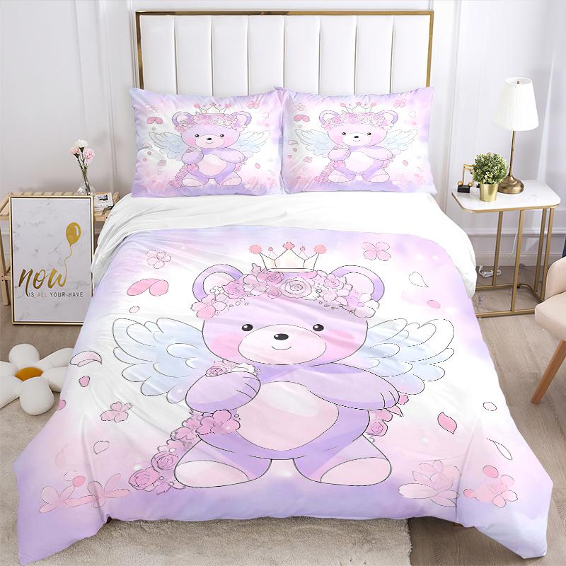 3pcs Purple Bear Pattern Bedding Three-Piece Set (1 Cover + 2 Pillowcases, No Fillings), This Printed Bedding Set Is Soft and Comfortable, S
