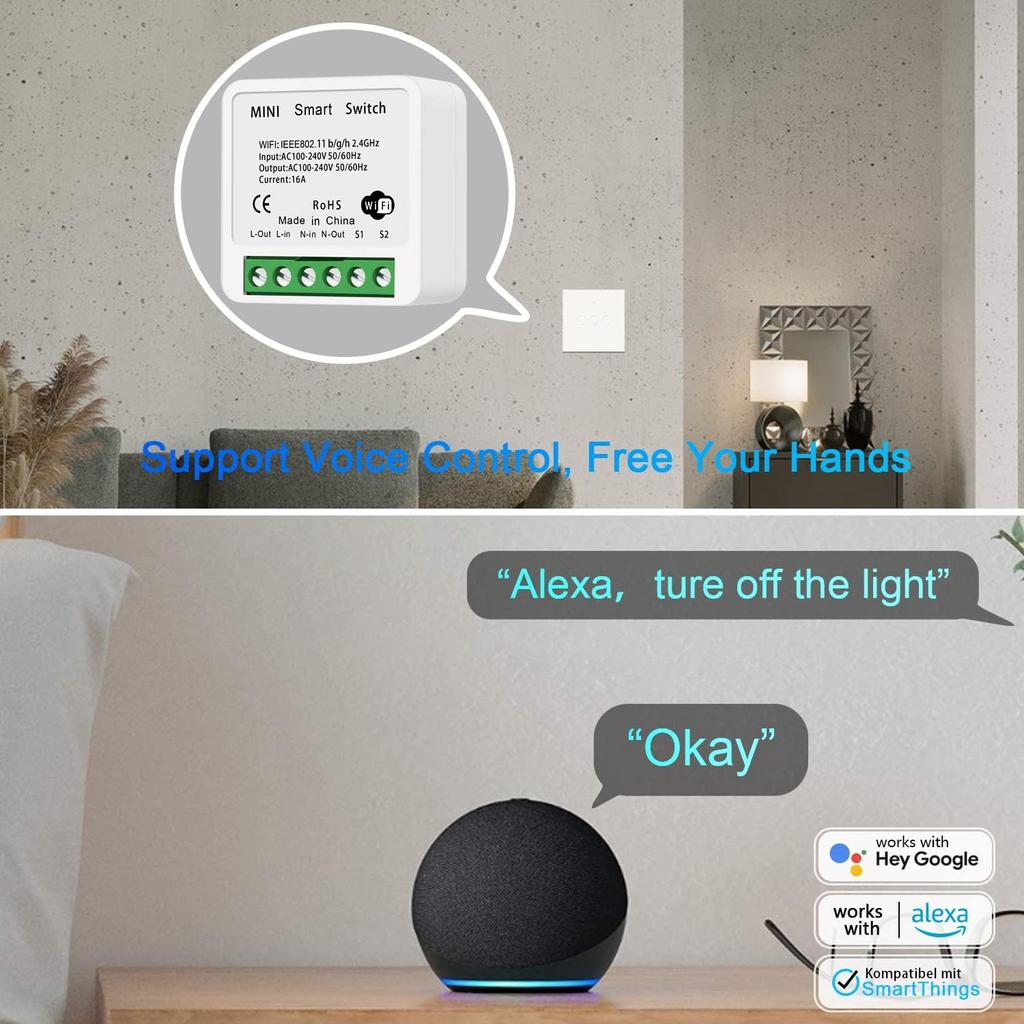 16A MINI Wifi Switch DIY Smart Home 2-way Control Relay Smart LIfe APP Control Remotely Timer Works With Alexa Google Home Alice