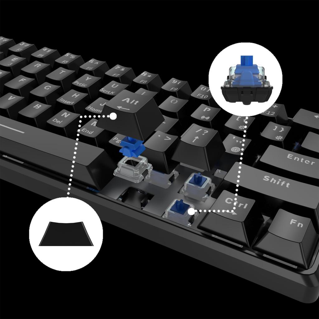 Механическая игровая 61 клавиша Синяя светодиодная подсветка Английская Японская Инструкция Синяя Клавиатура, Клавиши, Bluetooth, Беспроводная, USB, Проводная, Переключатели, Водонепроницаемая,