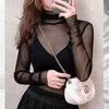 Sexy Inner Mesh Bottoming Shirt Women's Autumn and Winter Thin Tight-fitting Transparent Gauze High-neck Gauze Lace Top