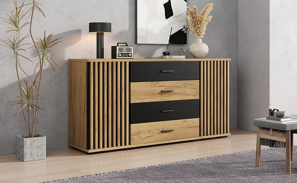Sideboard 140x35x70cm, MDF, 4 Drawers & 2 Doors, Vertical Groove Look, Adjustable Shelves, Oak-Black, Storage Cabinet for Living Room Dining Room