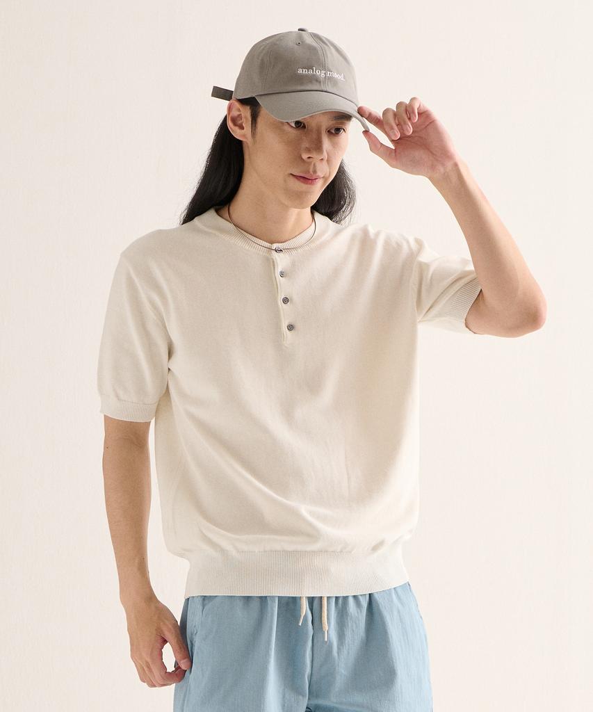 ANALOG MOOD Formal Henley Neck Cooling Short Sleeve Knit (Ivory)