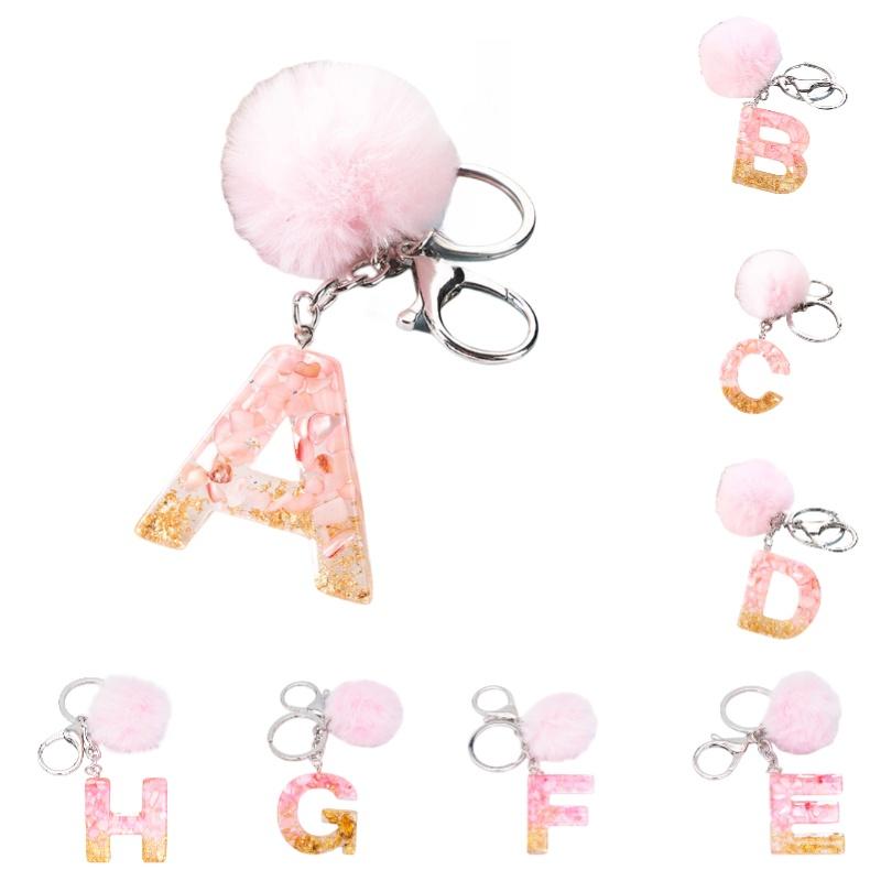 Stylish Keychain With Fluffy Ball And Gold Foil Letters Car Bag Pendant