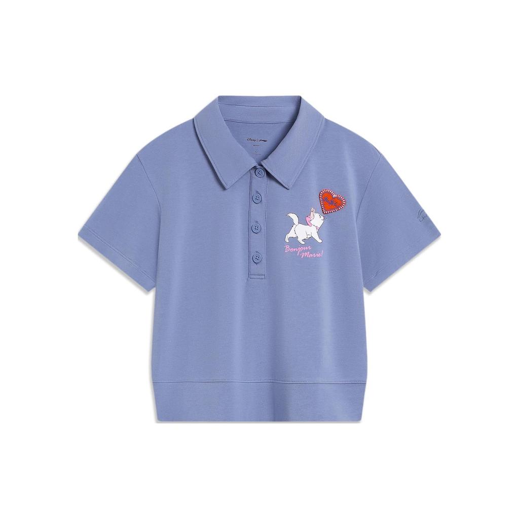 Li Ning Disney Collaboration Series Marie Cat Cartoon Print Slim Fit Short Sleeve Polo Shirt Women Polo Shirts Home-Blue APLT182-3