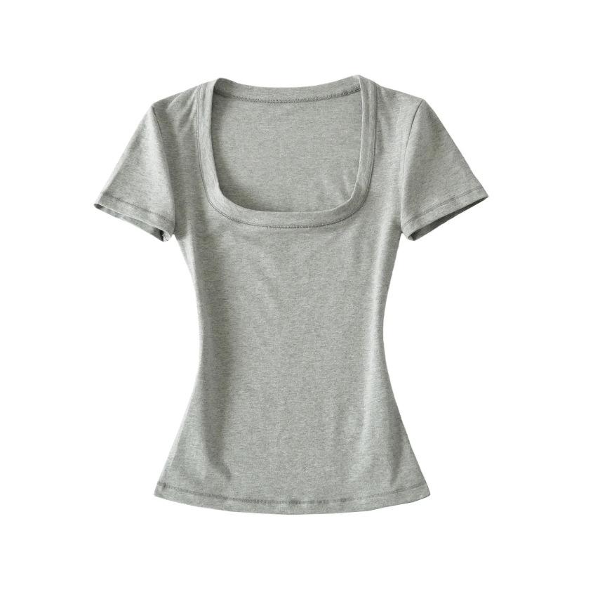 U-neck ant waist short-sleeved T-shirt women's summer new American Spice Girl style solid color slim-fitting bottoming top