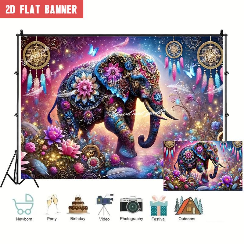 2D Flat Party Backdrop Banner - Elephant Theme with Floral Pattern, Polyester Photo Background for Wedding, Birthday & Family Party