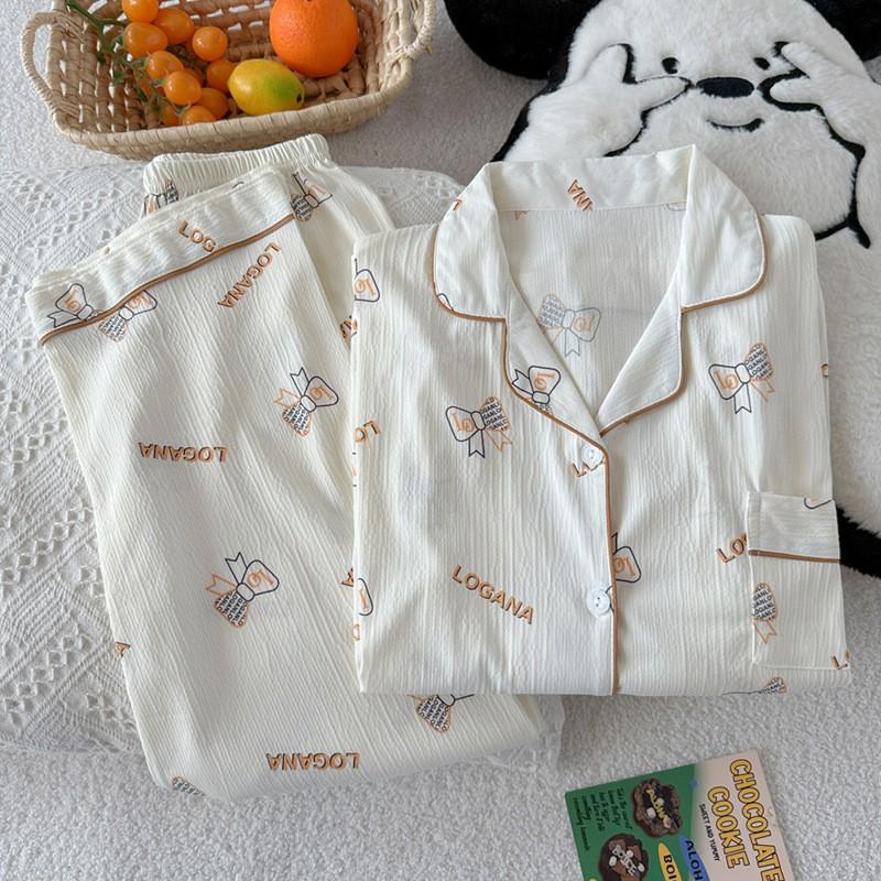 Korean Style Bow Womens Pajama Set Long Sleeve Woven Cotton Loungewear Home Sleep