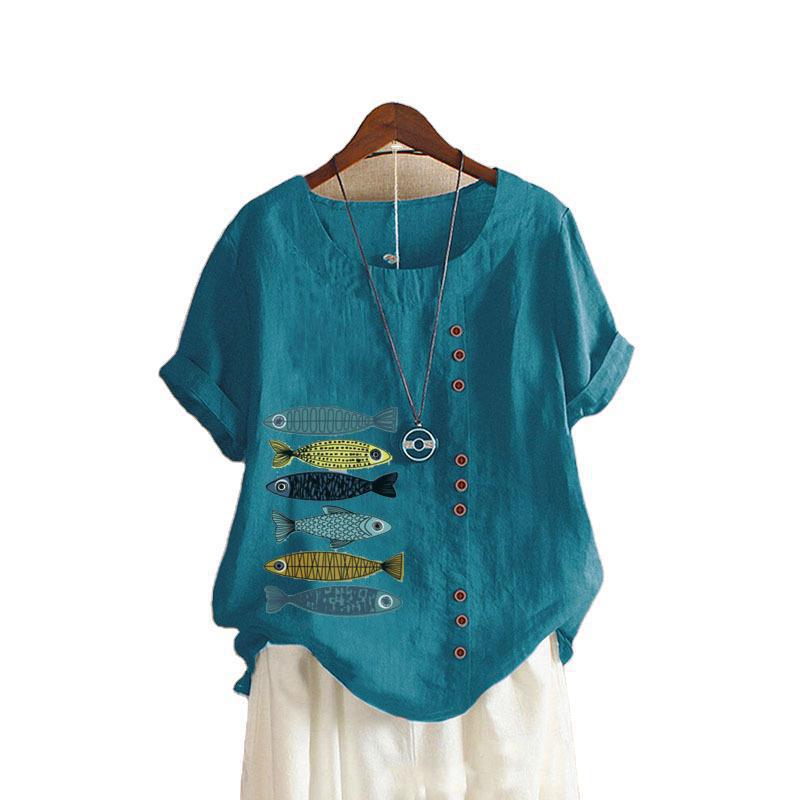 Женские хлопковые льняные блузки, летние рубашки с круглым вырезом и коротким рукавом, винтажные свободные с цветочным принтом