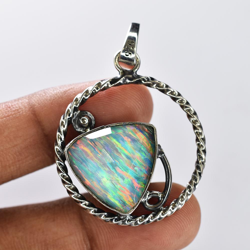 925 Sterling Silver Natural Opal Trillion 30 Ct Gemstone Pendant