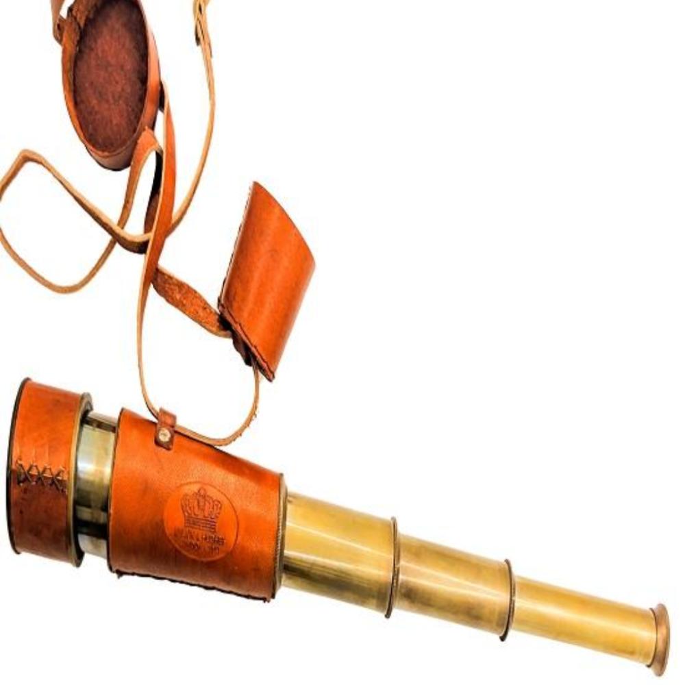 Leather Encased Antique Spyglass Telescope with Carry Belt Shoulder Strap – 45 Cm Long, Nautical Design