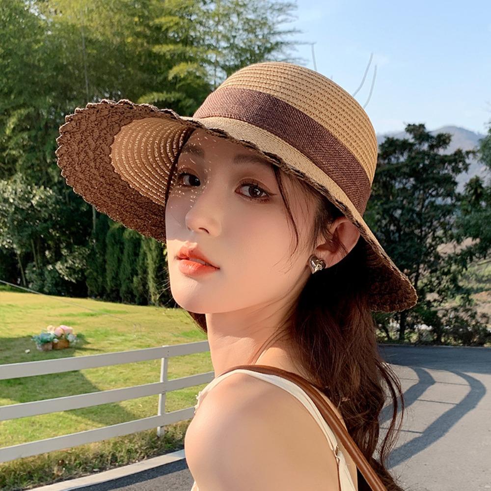 Foldable Straw Weaving Beach Hat Hollow Out Bow Fisherman Cap Folding Sun Cap Bucket Hat Seaside
