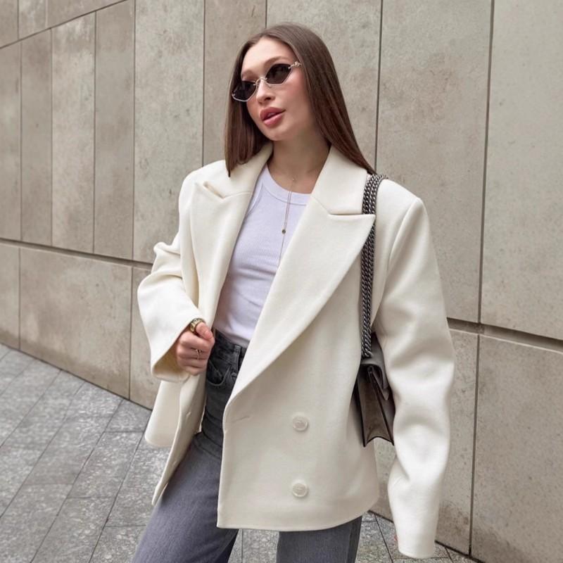 Womens Beige Wool Blend Coat 2026 Fall Winter Double Breasted Notched Collar Midi Length Loose Fit