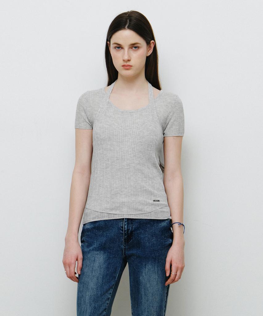 MONGDOL [Set] Ribbed Halterneck Sleeveless & Short Sleeve Knit Gray Mdkt129Gray