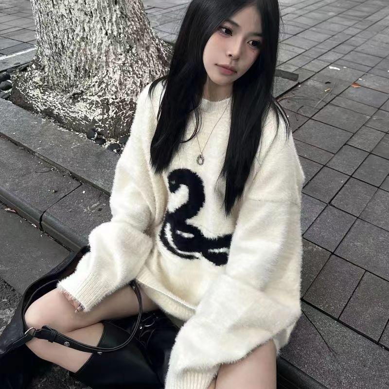 Y2k Белый готический женский свитер с принтом свободного покроя в стиле Харадзюку, корейская мода, вязаные пуловеры, змеиный узор, осенняя теплая уличная одежда