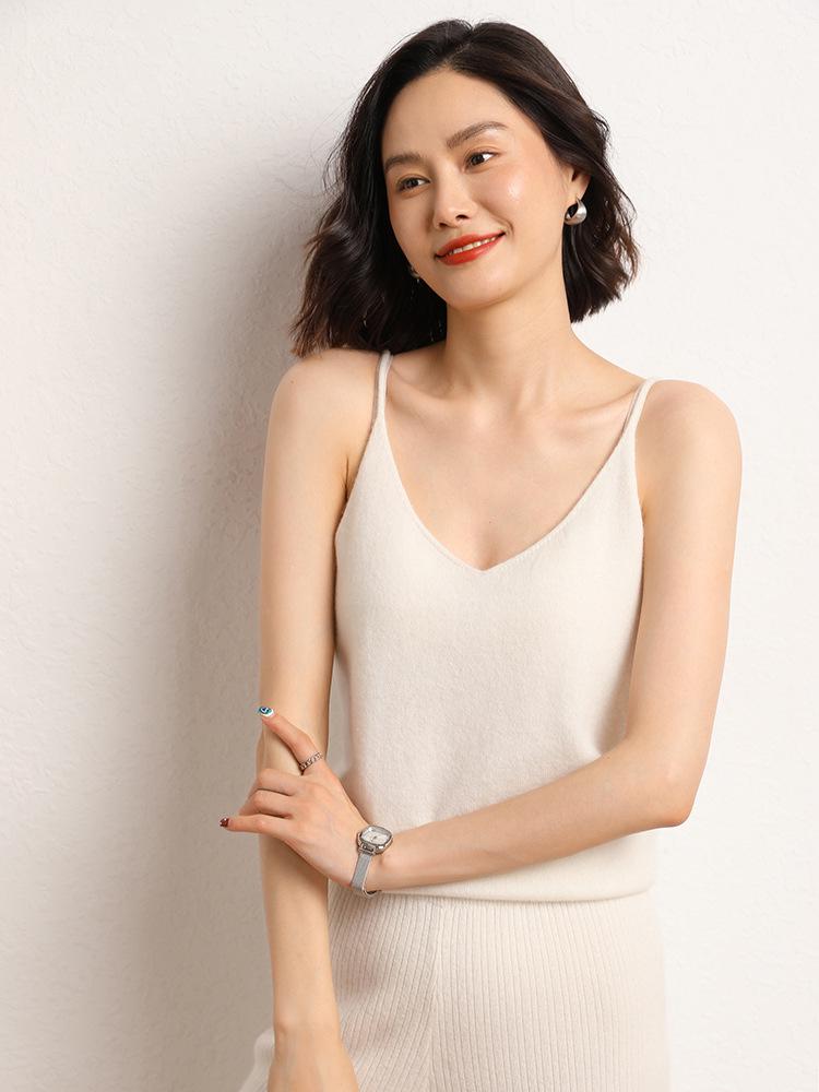 V-Neck Sleeveless Cashmere Knit Camisole Vest – Slim-Fit Women's Base Layer