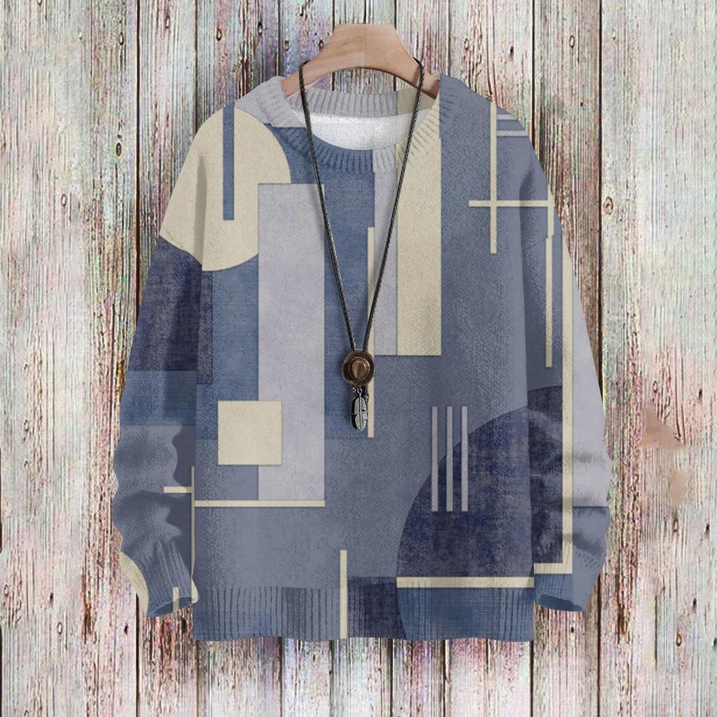 Men'S Printed Synthetic Sweater Round Neck Sportswear Loose Long Sleeved Top