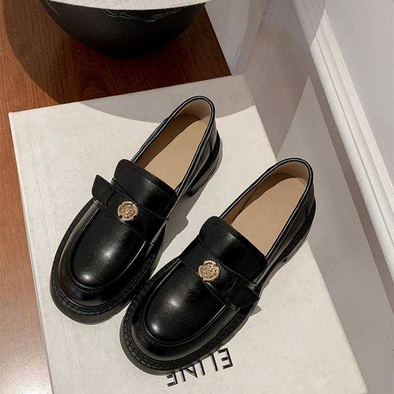 Spot Version~ Camellia Loafers Women's British Style Leather Thick-soled Black Single Shoes, One Pedal Gold Coin Small Leather Shoes.