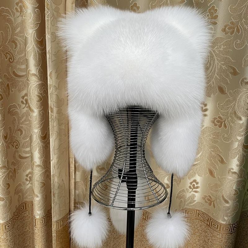 Outdoor Earflap Hat Snow Ski Cap Fleece Bomber Trapper Hat Women Ushanka Real Fox Fur Pompom Winter Russain Cossack