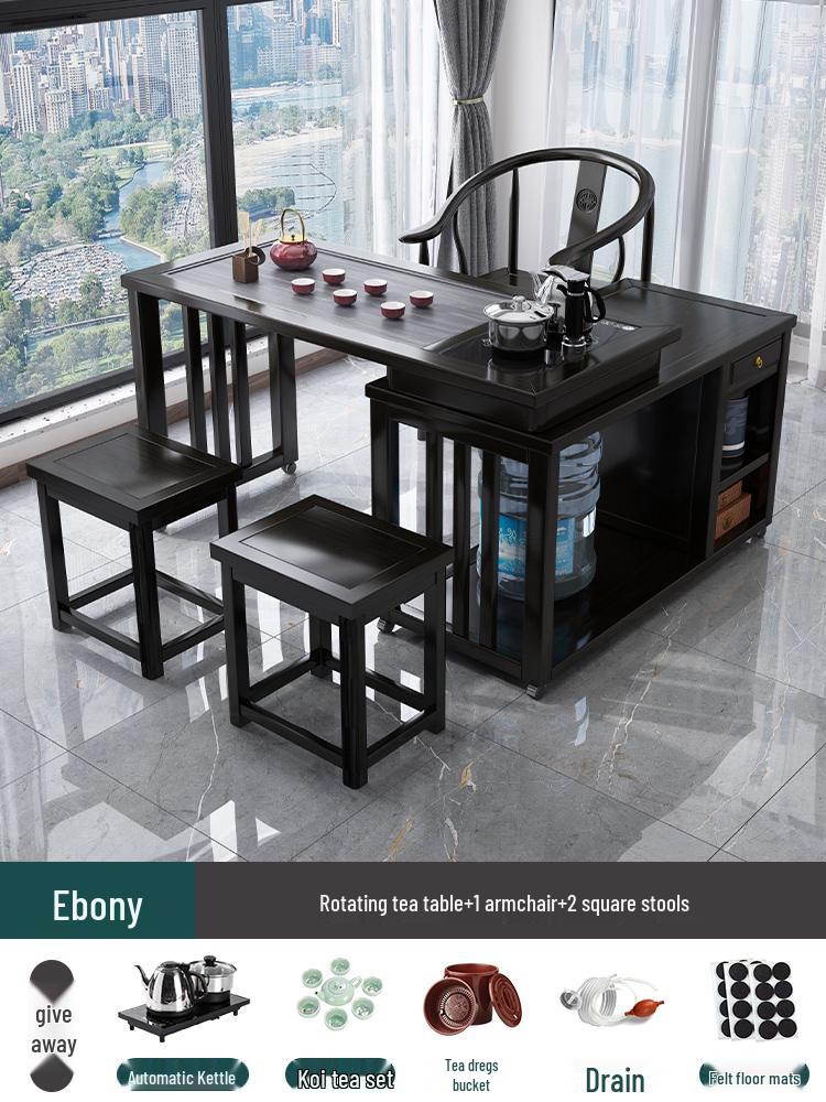 Solid Wood Rotating Tea Table Set with Chairs and Kettle, Mobile Balcony Coffee Table for Home.