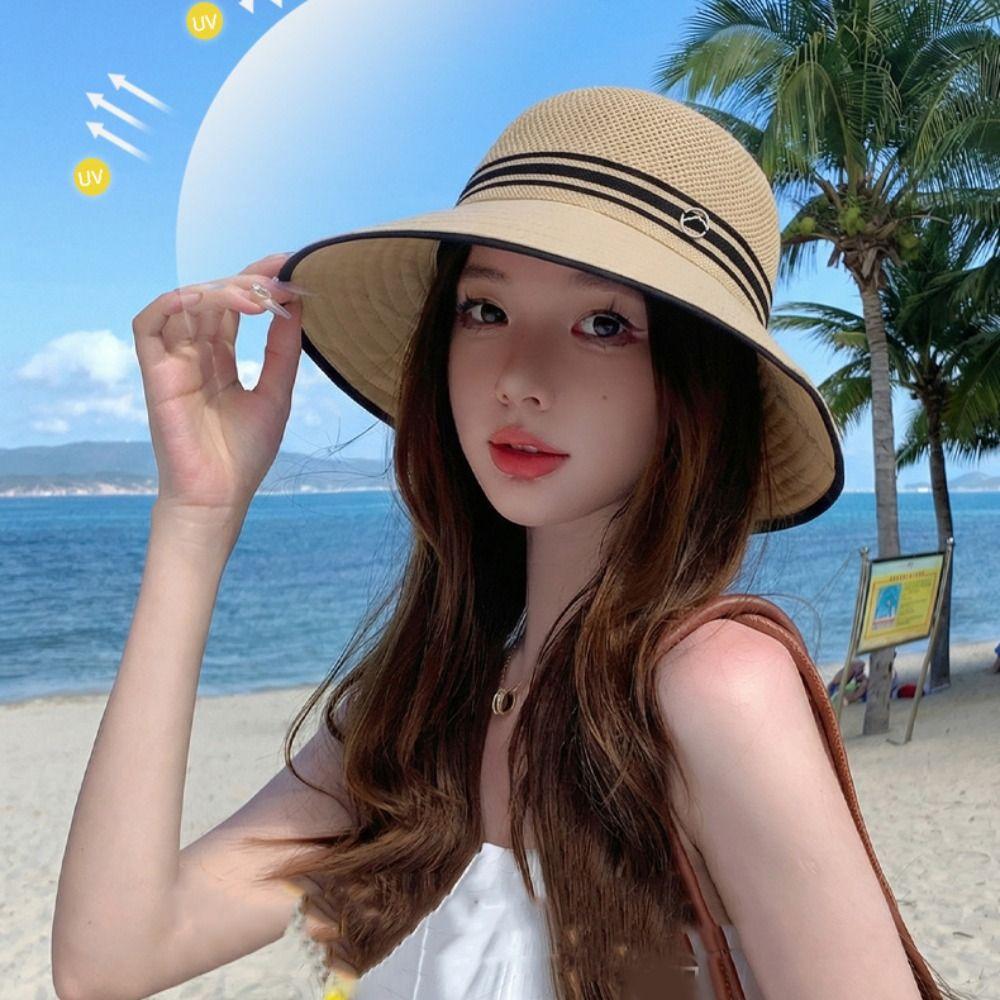 Wide Brim Bow Fisherman Hat Weave Sunscreen Bucket Hat Fashion Sun Cap Travel