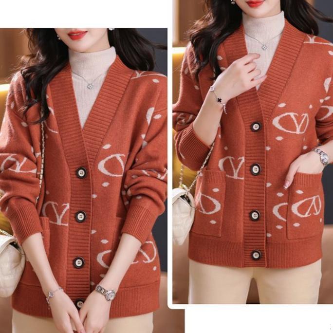 Women's Knitted Cardigan Sweater Autumn and Winter Thickened Plus Size Knitted Cardigan Loose Letter Print Knitted Jacket Outwear