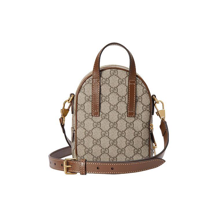 Gucci Мини-рюкзак GG Supreme, Бежевый холст Эбони с отделкой из коричневой кожи, Золотая фурнитура, Мужские рюкзаки для ежедневных покупок, путешествий 725654-92TCG-8563