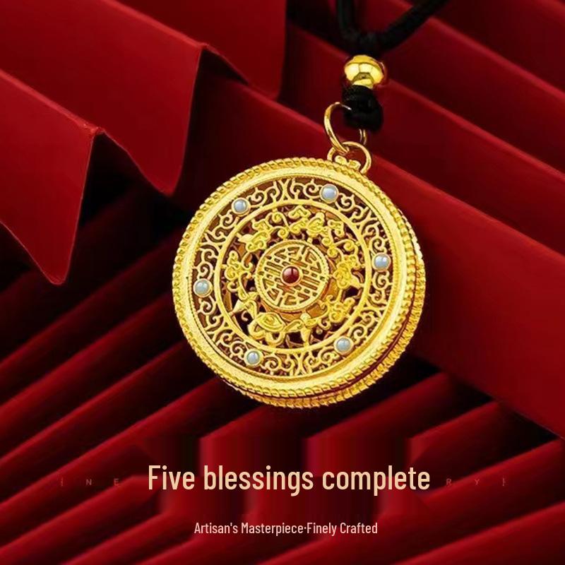 Vietnamese Sand Gold Eight Treasures Luopan Necklace with Fu Pendant, Gold Braided Rope, Unisex Ancient Craftsmanship Sweater Chain
