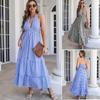 European and American Women's Summer Sexy Deep V-Neck Halter Sleeveless Open Back Ruffle Large Swing Plaid A-line Dress