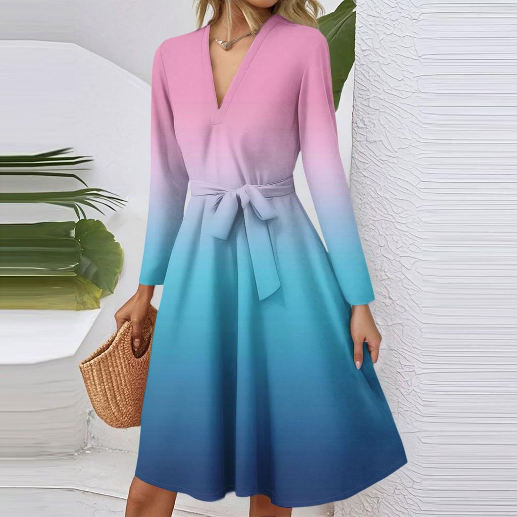 Женское модное повседневное платье миди с V-образным вырезом, длинными рукавами, приталенное, с градиентным принтом