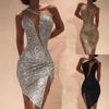 Women's Sexy Clod Shoulder Sequins Split Sleeveless Nightclub Party Mini Dress