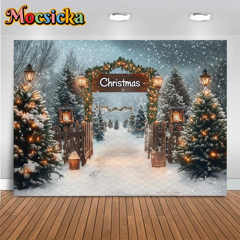 Mocsicka Рождественский Фон для Фотографии Лес Дерево Детская Фото Фотофон Обои Зима Снег Дверь Украшения для Вечеринки Баннер