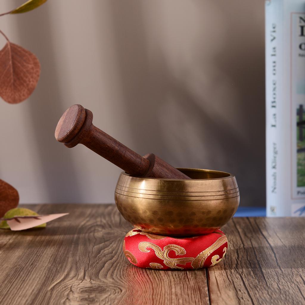 Tibetan Singing Bowl Set with 8cm/3inch Handmade Metal Sound Bowl & Soft Cushion & Wooden
