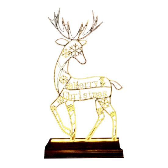 Metal Lighted Christmas Deer Decoration Light Up Reindeer Figurine with Wooden Base for Indoor Outdoor