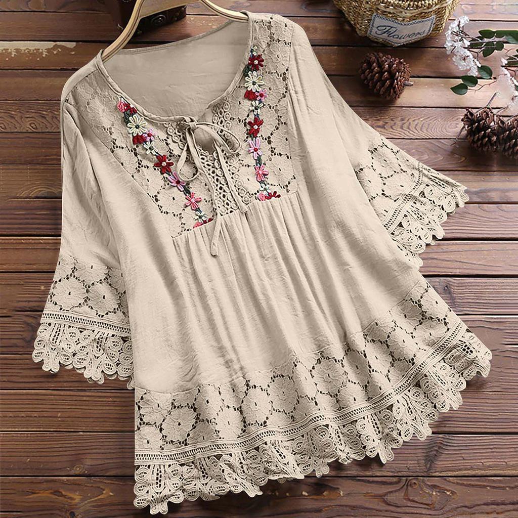 Women Lace Embroidery Flower Loose Plus Size Half Sleeve Shirt