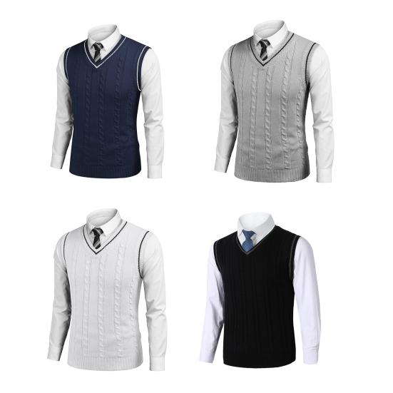 Мужской жилет свитер с V-образным вырезом без рукавов приталенный вязаный пуловер с цветными блоками приталенный