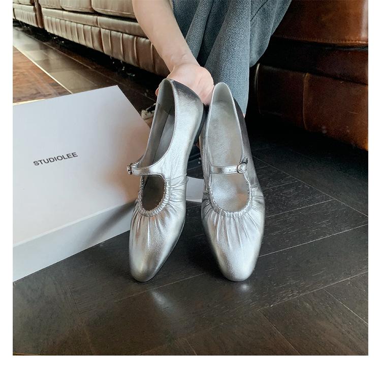 Sheepskin Version~ Premium Leather Shoes Versatile Silver Mary Jane Shoes Women's Shallow Mouth Single Shoes Beautiful Flat-bottomed Ladyshoes